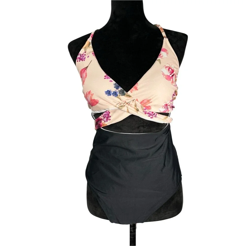 Cupshe floral cutout one-piece swimsuit floral wrap Cream Pink Blue Black XL